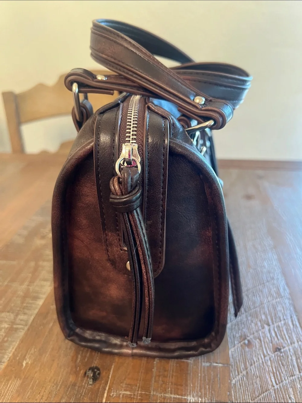 Made in NYC Distressed Brown Crossbody Satchel - Picture 5 of 10